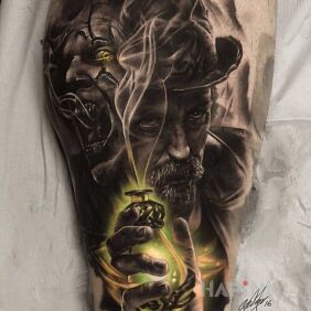 Tattoo Two faces on the calf motif: 3D style: realistic