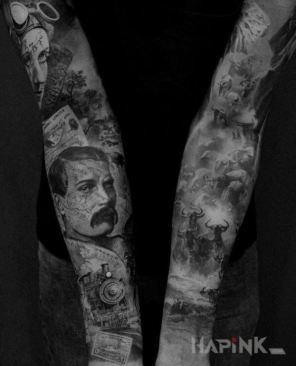 Tattoo Witamy na dzikim zachodzie in sleeves motif and realistic style on the forearm
