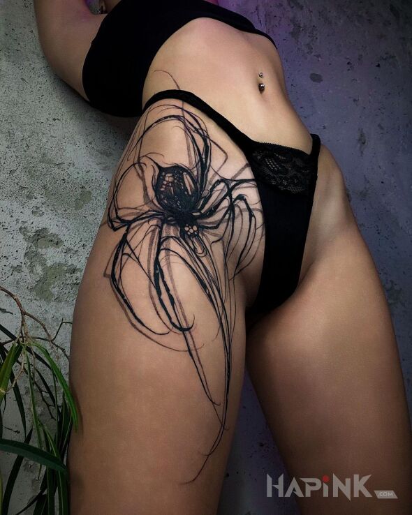 Tattoo Pajeczak in black and gray motif and graphic / illustrative style on the hip