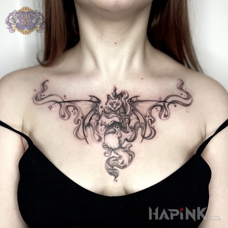 Tattoo Magiczny kot in black and gray motif and graphic / illustrative style on the chest