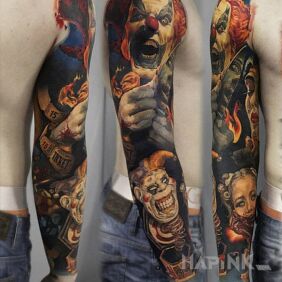Tattoo Sinister clowns on the upper arm motif: 3D style: realistic