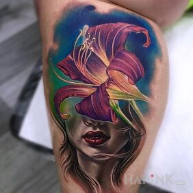 Tattoo Flower on the calf motif: 3D style: realistic