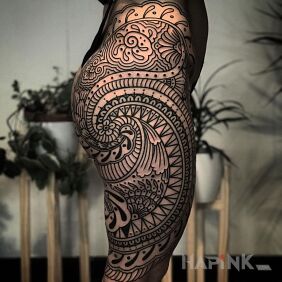 Tattoo Outlines inspired by Polynesian art on the thigh motif: black and gray style: contour / linework