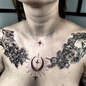 Tattoo Fox and steed on the chest motif: fantasy style: graphic / illustrative