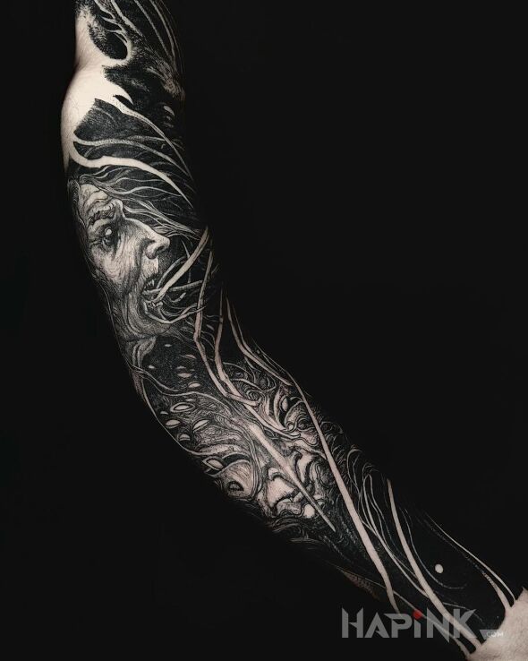 Tattoo Maszkary in black and gray motif and graphic / illustrative style on the forearm