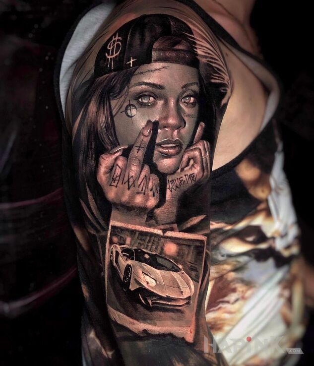 Tattoo Fakersy i szybkie fury in faces motif and realistic style on the upper arm