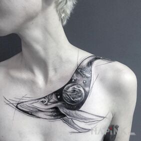 Tattoo Whale and cosmos on the chest motif: black and gray style: graphic / illustrative
