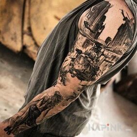 Tattoo Helicopter on fire on the upper arm motif: characters style: realistic