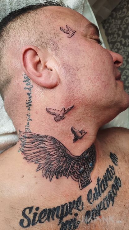 Tattoo Gardziolko skrzydelka z Celtykiem i golabki in wings motif and graphic / illustrative style on the neck