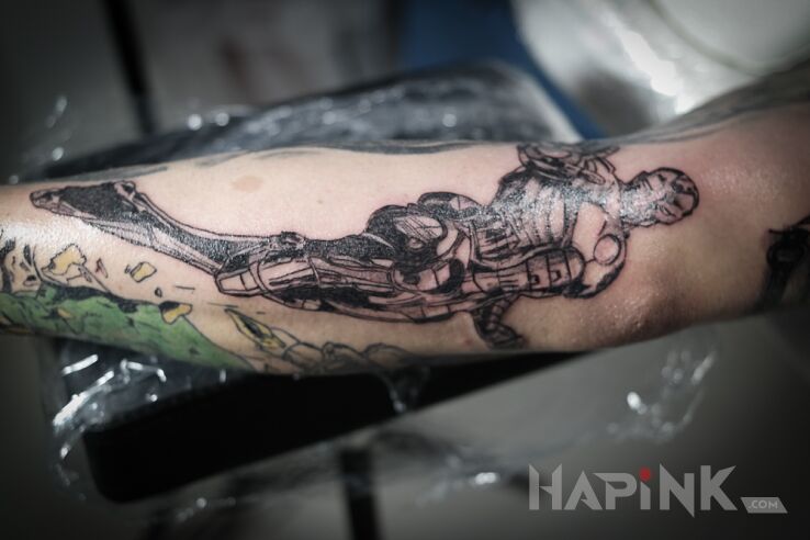 Tattoo Iron man bw in characters motif and graphic / illustrative style On the arm
