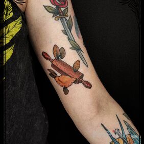 Tattoo For the love of dumplings <3 on the bicep motif: colorful style: neo-traditional