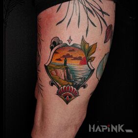Tattoo Sunset on the leg motif: nature style: neo-traditional