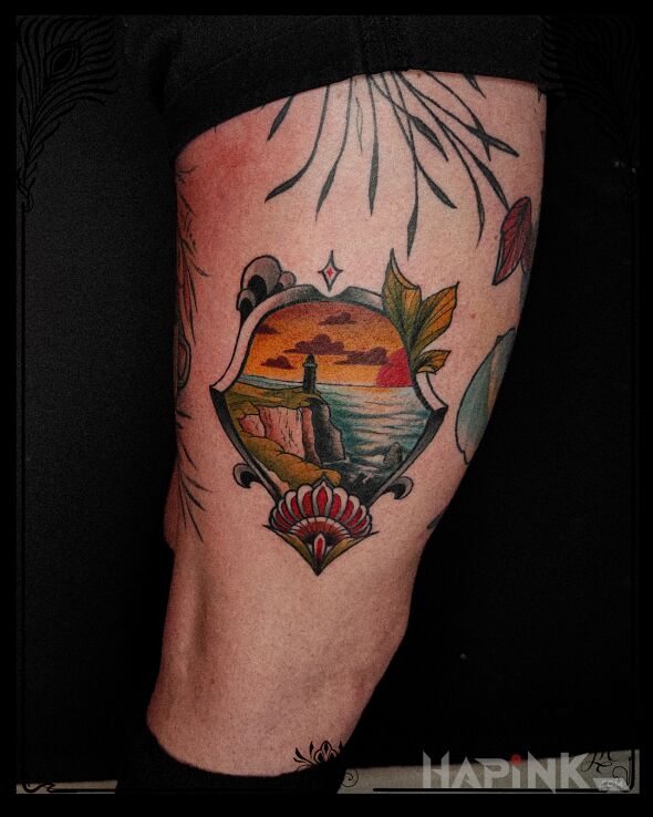 Tattoo Zachód in colorful motif and neo-traditional style on the leg