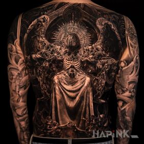 Tattoo Angel of death on the back motif: dark style: realistic