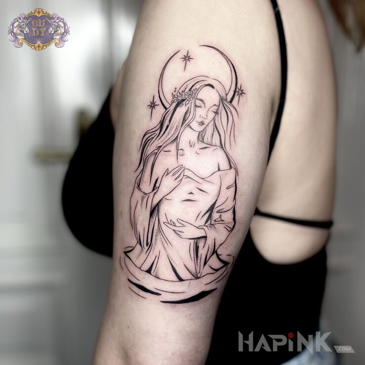 Tattoo Tatuaż - Rusałka in black and gray motif and graphic / illustrative style On the arm