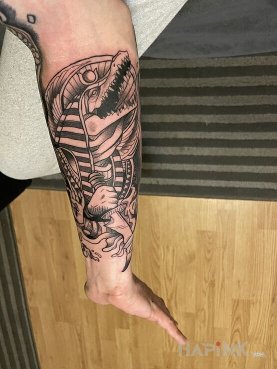 Tattoo Sobek in characters motif and graphic / illustrative style on the forearm