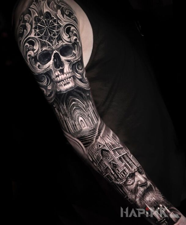 Tattoo Tunel prowadzący do czaszki in 3D motif and realistic style on the upper arm