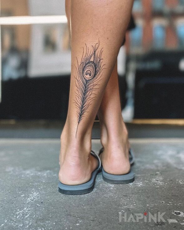 Tattoo Pawie pióro in black and gray motif and graphic / illustrative style on the calf