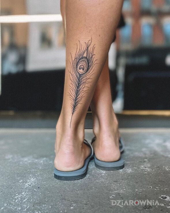 Tatuaż pawie pióro w motywie pozostałe i stylu graficzne / ilustracyjne na nodze