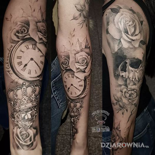 Tatuaż czaszka róże zegar diament korona w motywie mroczne i stylu realistyczne na przedramieniu