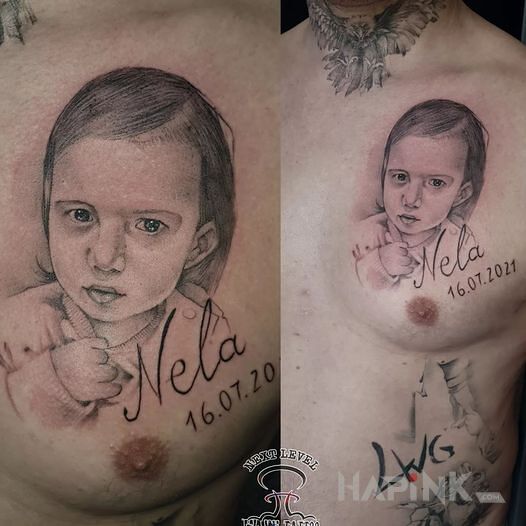 Tattoo Portret in faces motif and realistic style on the chest