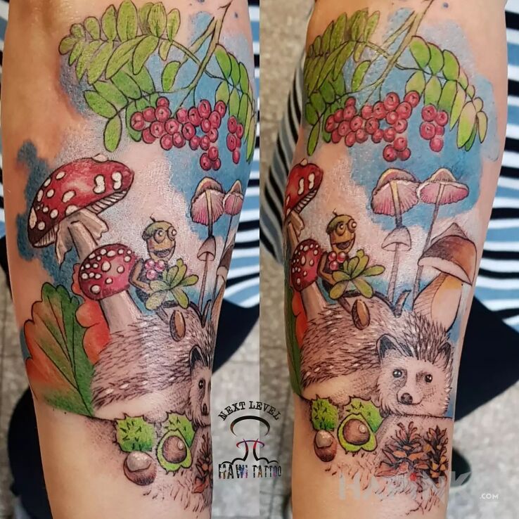 Tattoo Kolorowo :) in colorful motif and cartoon / comic book style On the arm