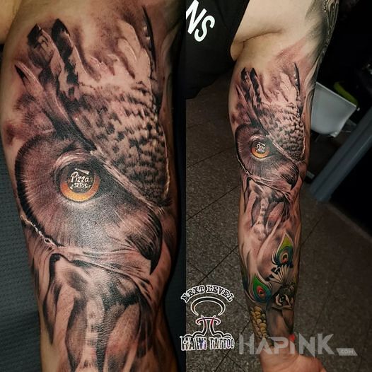 Tattoo Sówka in sleeves motif and realistic style on the bicep