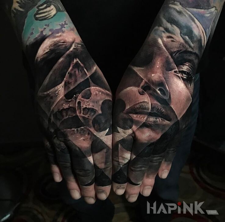 Tattoo Poker face in 3D motif and realistic style on the hand