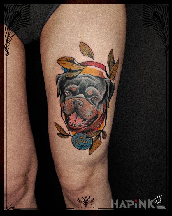 Tattoo Portrecik psiaka in colorful motif and neo-traditional style on the leg