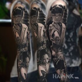 Tattoo Japan style on the upper arm motif: characters style: realistic
