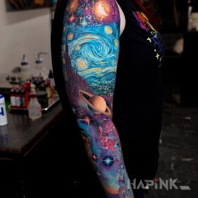 Tattoo Cosmic van gogh on the upper arm motif: colorful style: realistic