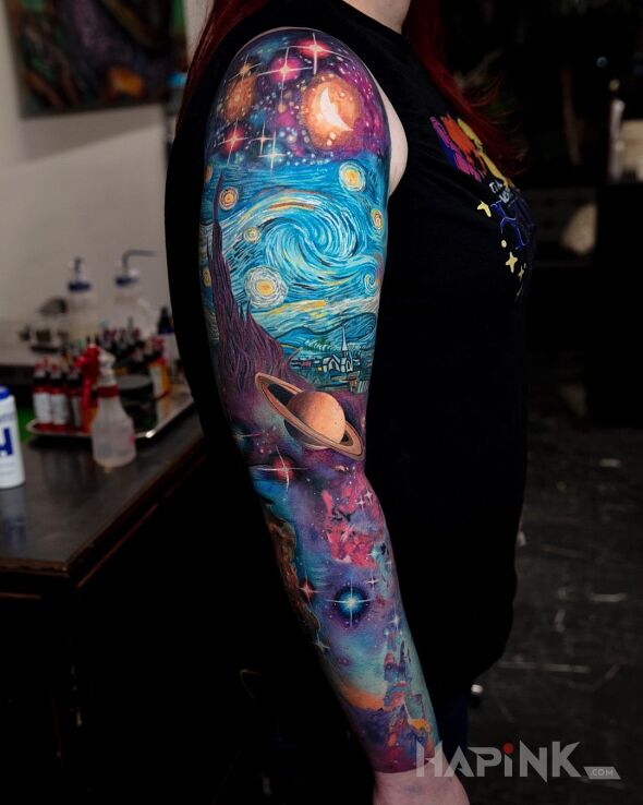 Tattoo Kosmiczny van gogh in sleeves motif and realistic style on the upper arm