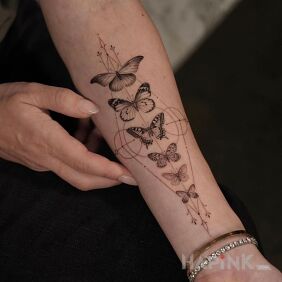 Tattoo 6 butterflies on the forearm motif: butterflies style: realistic