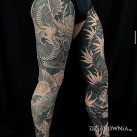 Tatuaż Smok na całej nodze na łydce motyw: fantasy styl: japońskie / irezumi