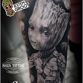 Tattoo Groot marvel on the forearm motif: science fiction style: realistic