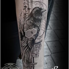 Tattoo Raven, geometry On the arm motif: black and gray style: realistic