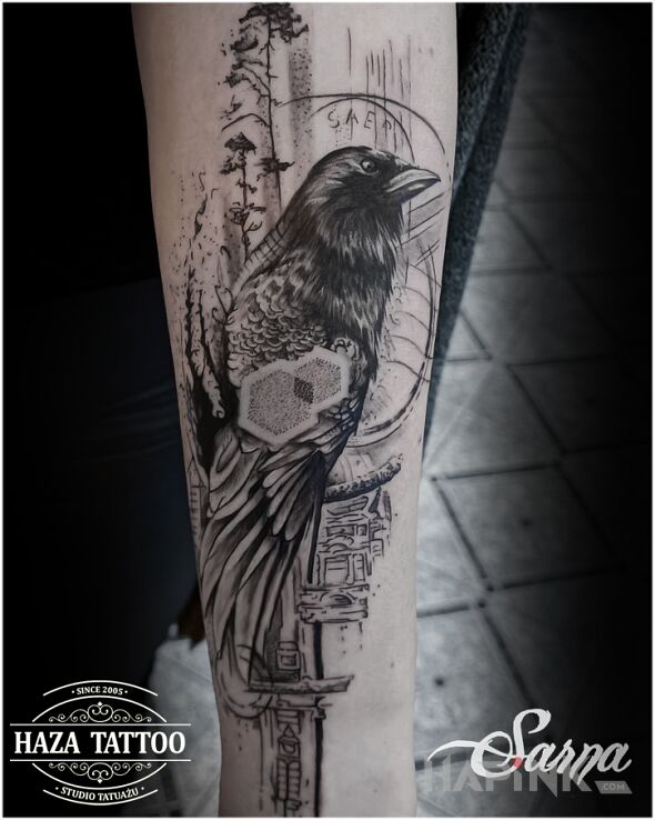 Tattoo Kruk, geometria in black and gray motif and realistic style on the forearm