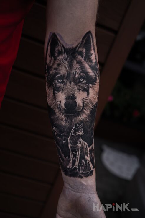 Tattoo Wilk w lesie realizm in black and gray motif and realistic style On the arm