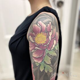 Tattoo Japanese flowers sleeve On the arm motif: floral style: japanese / irezumi