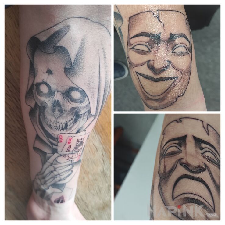 Tattoo Karty , reaper, maski in faces motif and graphic / illustrative style On the arm