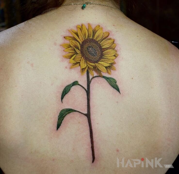 Tattoo Slonecznik in 3D motif and realistic style on the back