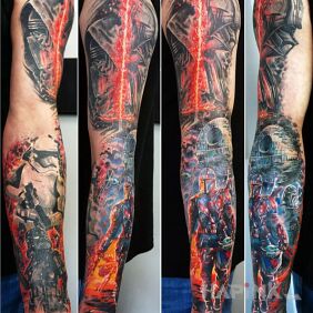 Tattoo Star Wars sleeve🙃 on the bicep motif: science fiction style: realistic