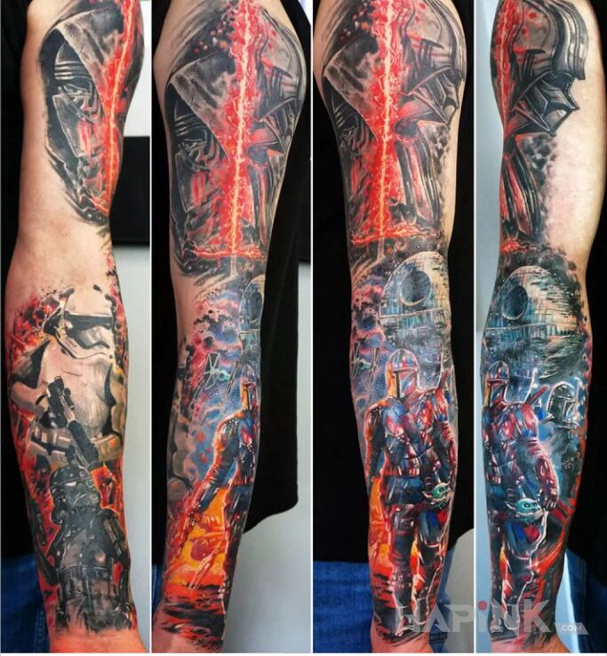 Tattoo Gwiezdne wojny rękawek🙃 in characters motif and realistic style on the forearm