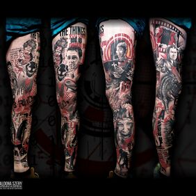 Tattoo Trash Polka Movie on the tibia motif: faces style: trash polka