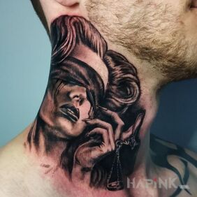 Tattoo Woman on the neck on the neck motif: black and gray style: realistic