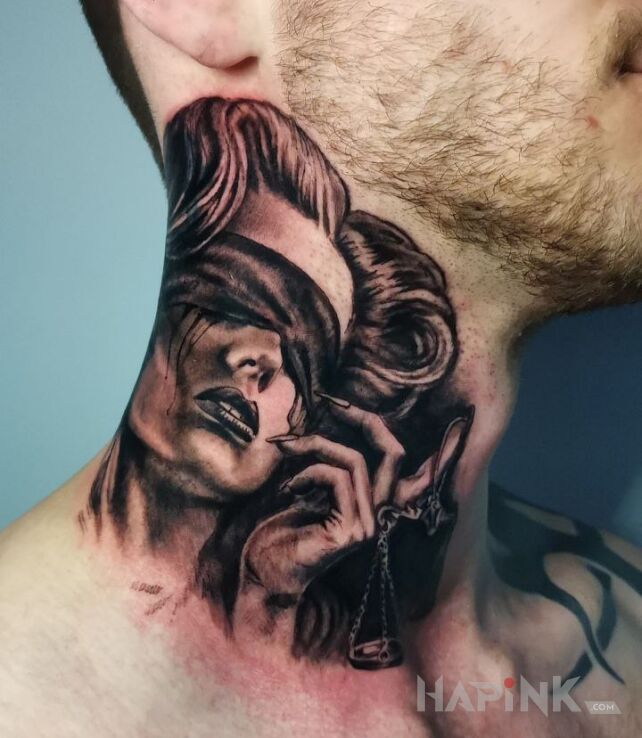 Tattoo Kobieta na szyi in black and gray motif and realistic style on the neck