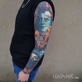 Tattoo Franklin on the forearm motif: faces style: realistic