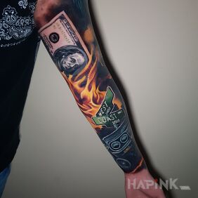 Tattoo Dollars cash on the forearm motif: objects style: newschool