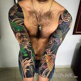 Tattoo Two sleeves on the upper arm motif: sleeves style: japanese / irezumi