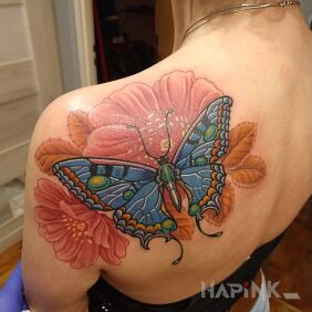 Tattoo Cover on the back motif: butterflies style: graphic / illustrative